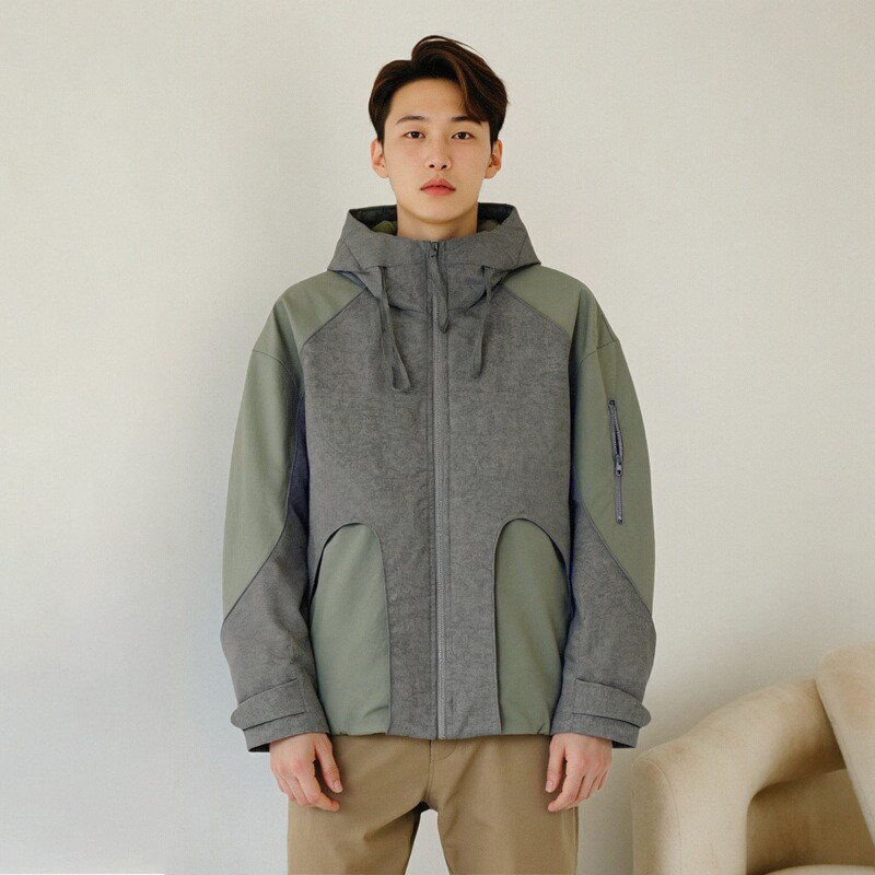 户外休闲风连帽羽绒服男拼色保暖时尚设计感潮流外套2025冬季新品