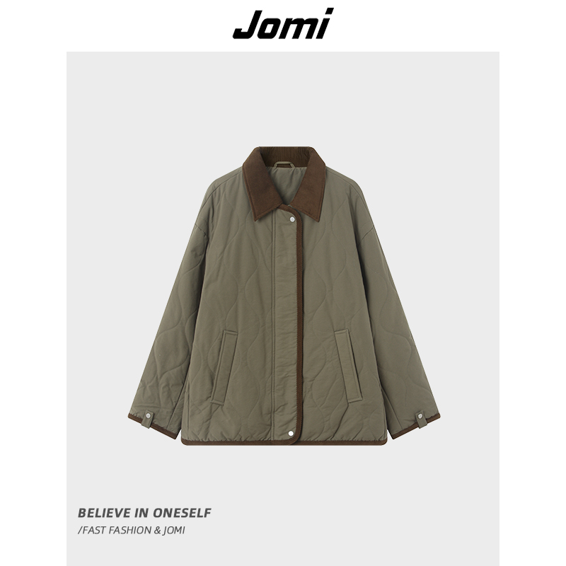 JOMI秋冬复古菱形格外套宽松灯芯绒领休闲保暖