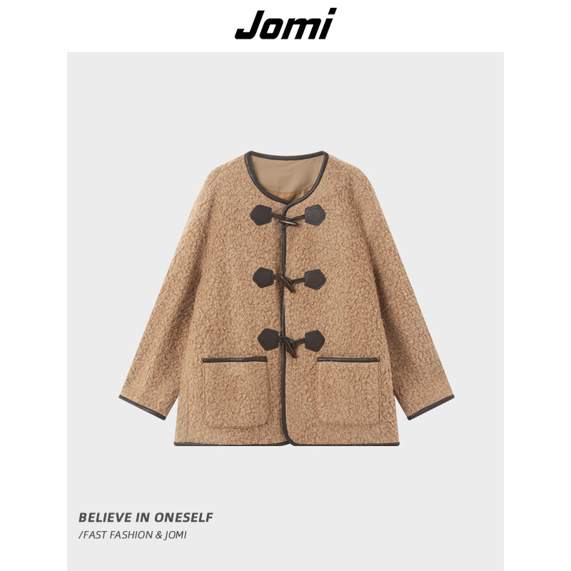 JOMI秋冬复古牛角扣外套女宽松休闲气质外穿