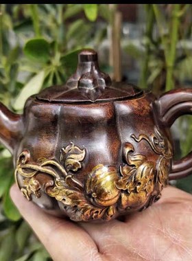 古董铜器a收藏大清乾隆年制纯铜鎏金功夫酒壶全铜茶壶南瓜铜壶摆