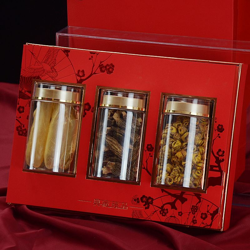新款水晶三瓶包装盒100g西洋参片石斛元贝鲍鱼三瓶礼Z盒花茶空盒