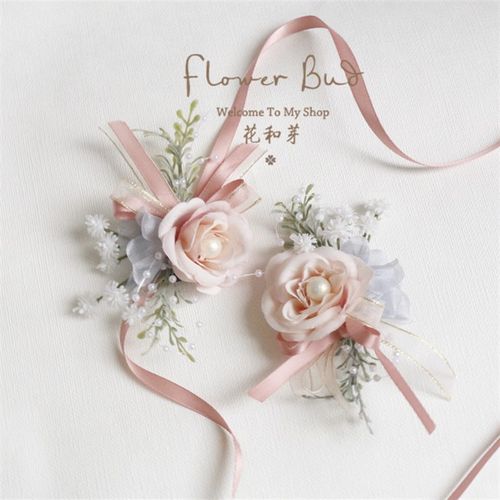 原创手工 清新香槟粉玫瑰森系叶C子手花胸花新娘伴娘姐妹团手腕花