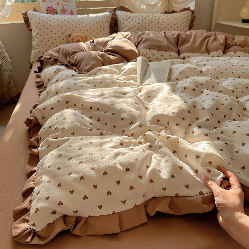 2025新款韩式针织双层纱床上四件套水洗棉花边款被套床女生三件套