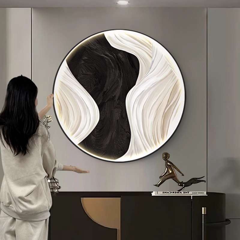 现代极简风玄关装饰画led灯画黑白艺术圆形挂画高档走廊过道壁画图片