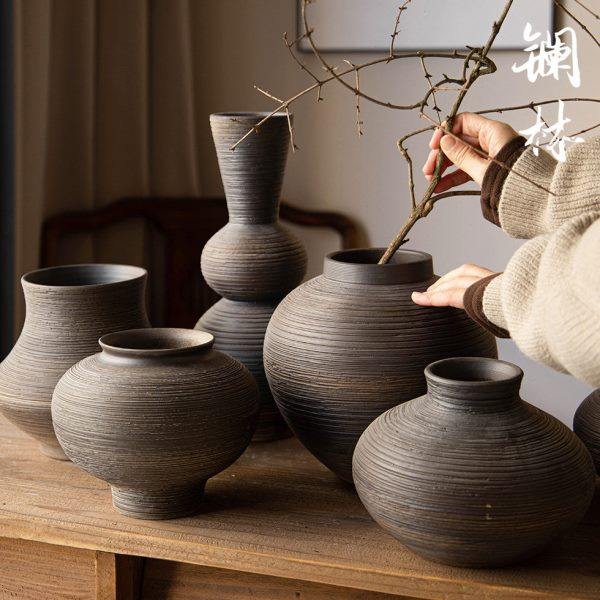 中式禅意复古台面陶瓷花瓶黑色粗陶罐餐桌插花器陶艺民宿侘寂装饰,家居饰品,花瓶,淘宝优惠券,粉丝福利购,淘宝优惠卷