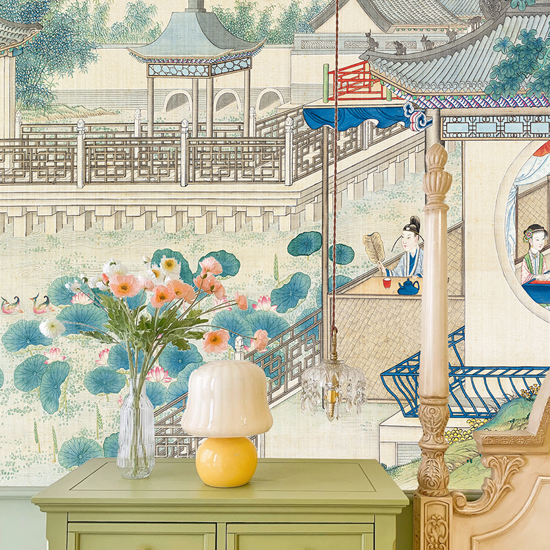 新古典仕女风h景图新中式壁纸红楼梦插画无缝墙布壁画个性定制