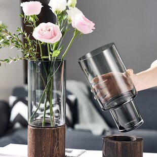 创意简约木托玻璃花瓶直筒原色摆件水养鲜花玫瑰客厅餐桌插花装饰