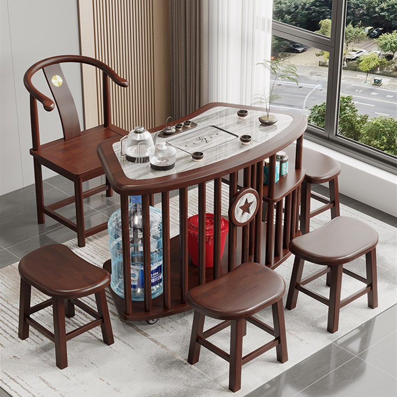 阳台岩板茶桌椅组合家用实木扇形移动小茶台一体S烧水壶茶几泡茶