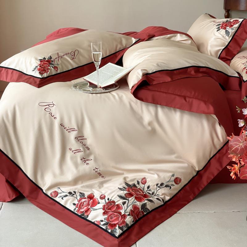 100S全棉工艺极简轻奢刺绣四件套高端奢华长绒棉丝滑玫瑰四件套