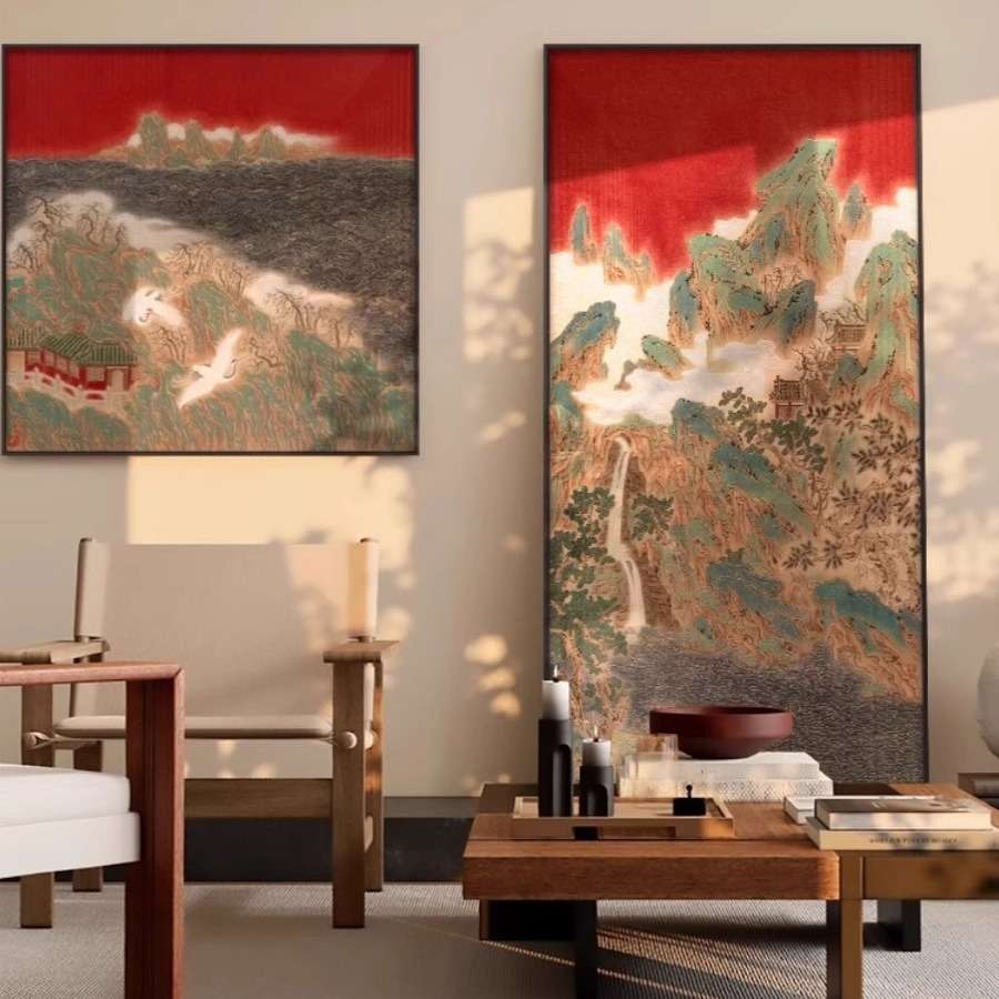 新中式大幅红色山水组合装饰画别墅酒店客厅茶室挂画民宿餐厅壁画图片