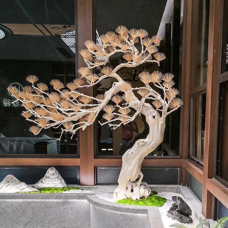 新中式高端雕刻装饰橱窗楼梯玄关假仿生迎客松树室内仿真绿植造景