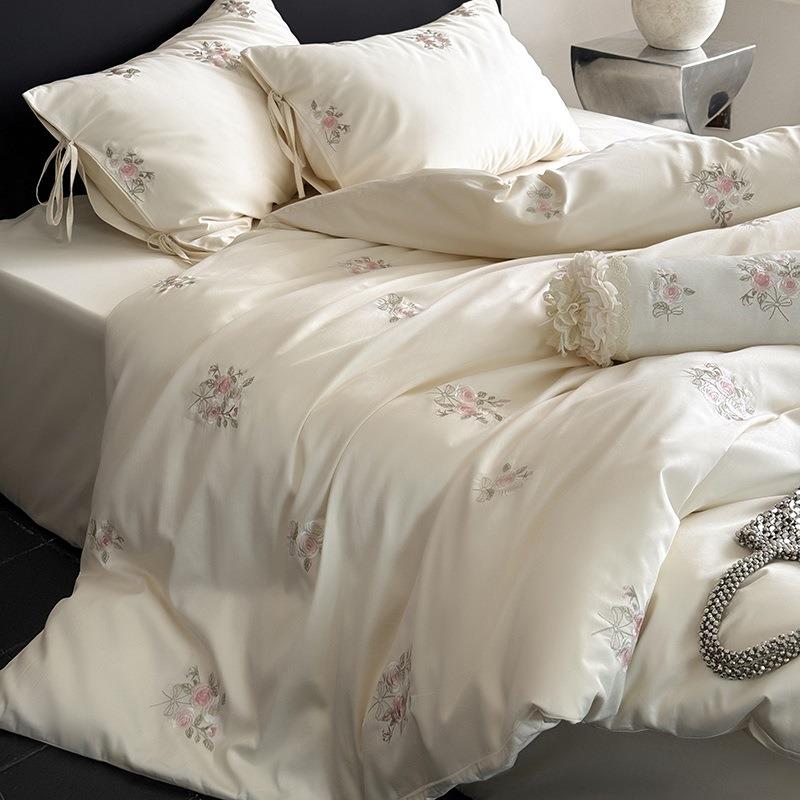 100S长绒棉少女心公主风全棉四件套 刺绣玫瑰花贡缎纯棉床上用品