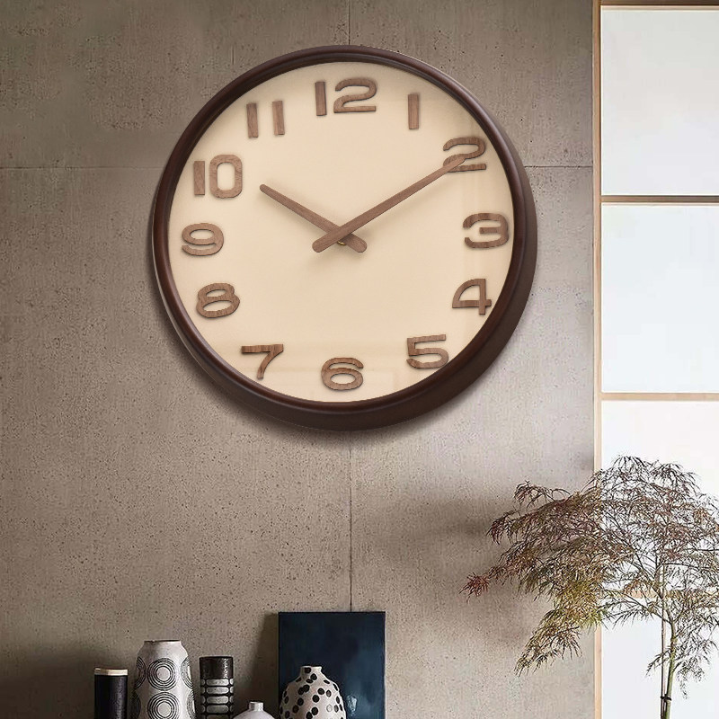 新中式创意客厅3D挂钟实木时x尚装饰挂表北欧木质简约个性石英钟