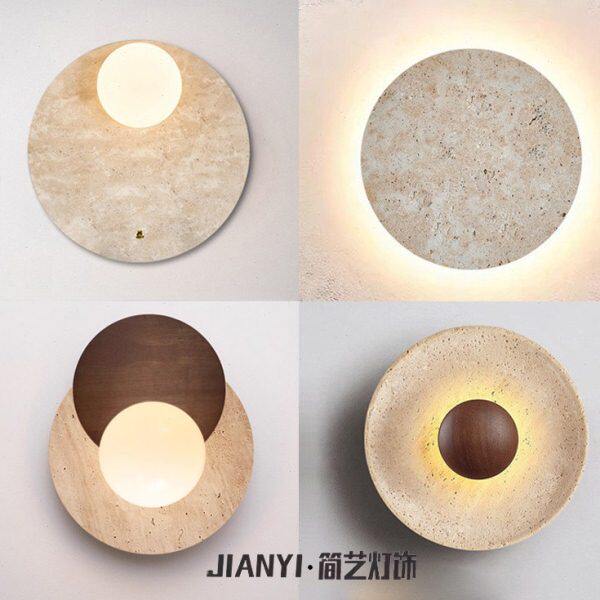 日式侘寂风卧室床头壁灯北欧餐厅楼梯过道黄洞石圆形背景墙壁灯具
