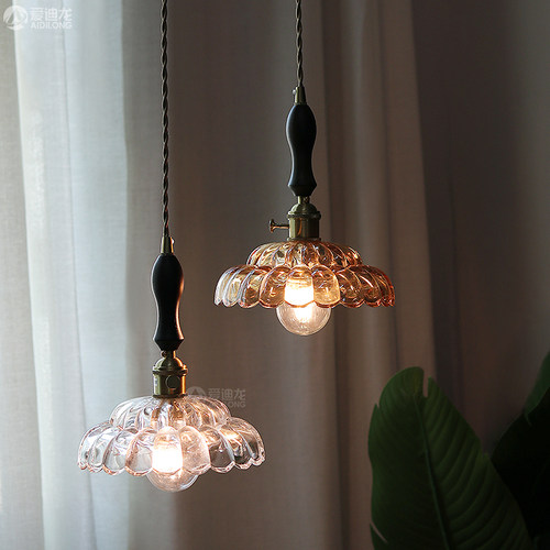 北欧纯铜琥珀色玻璃灯日式复古A简约个性餐厅吧台床头民宿店铺吊
