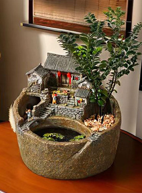 流水不争先,争的是滔滔不绝!微缩房子流水摆Q件玄关装饰 可亮灯