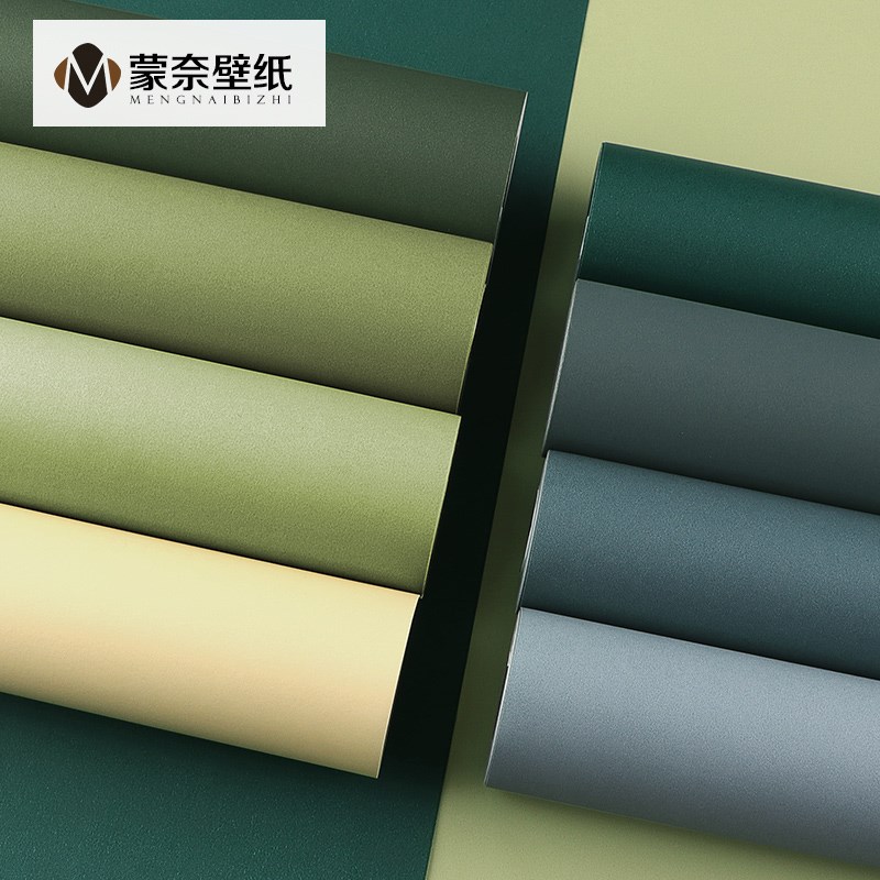 墨绿纯色无纺布橄榄复古绿色墙纸非自D粘客厅卧室背景壁纸2024新