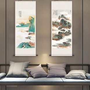 湖亭清夏图张大千山水画丝绸画挂画客厅装饰画招财玄关画青绿山水