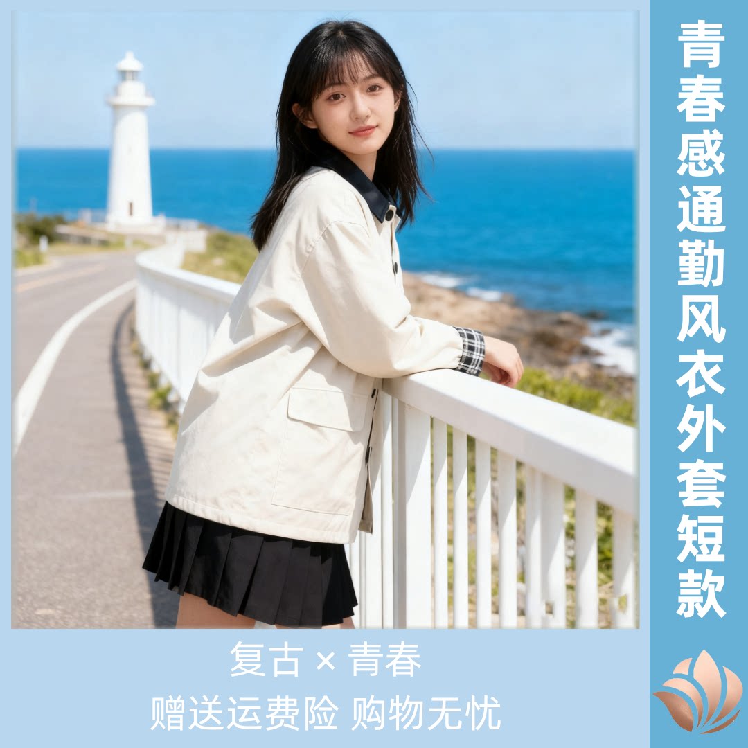 短款米白色风衣外套小个子ins学院复古青春感撞色格纹女oversize