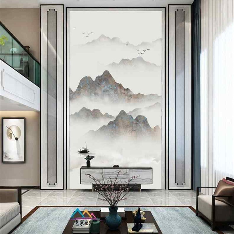 别墅挑高电视h背景墙壁纸中式水墨山水壁画茶室玄关复式楼墙布壁