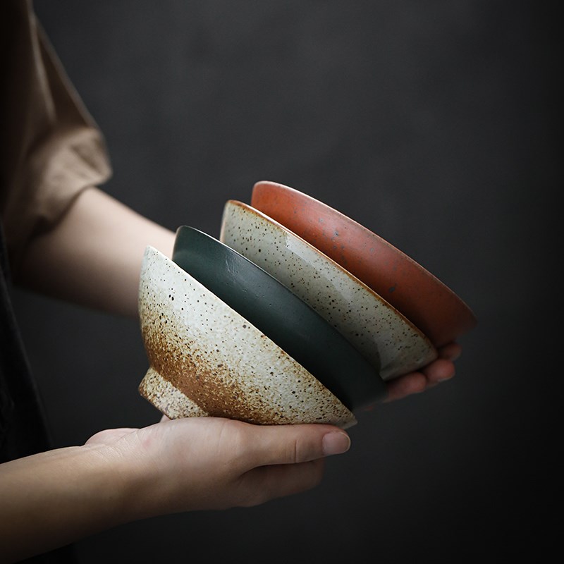 日式手工白米饭碗家用复古高脚碗粗陶G大容量汤面碗加厚土碗可微