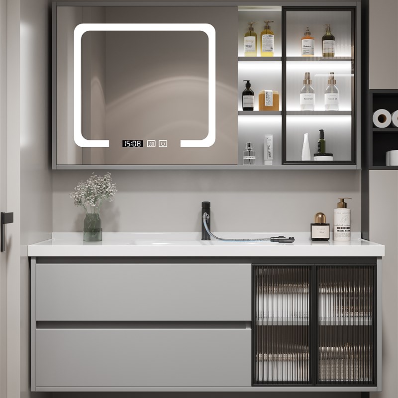 现代简约卫生间浴室柜组合洗脸洗G手盆陶瓷一体盆储物镜柜