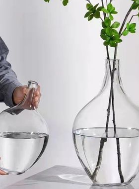 简约小口醉木马大肚瓶q玻璃吊钟花瓶日式盆景落地大号灰色水培花