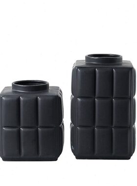 现代简约陶瓷黑色方块干花瓶样板间家居客厅创意插花花瓶装饰摆件