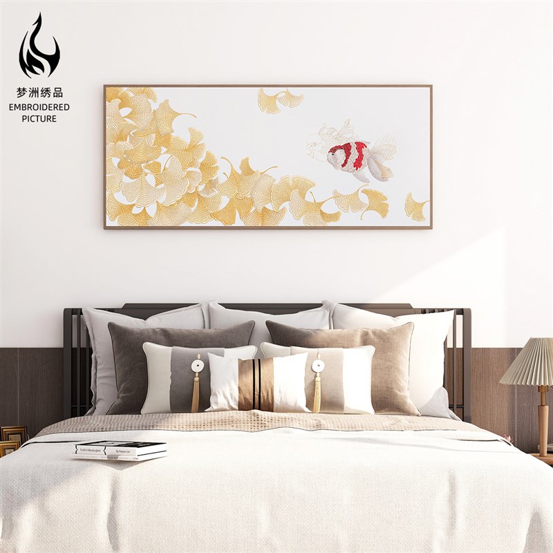刺绣金秋银d杏横幅客厅饭厅书房壁画卧室床头背景挂画新中式装饰图片