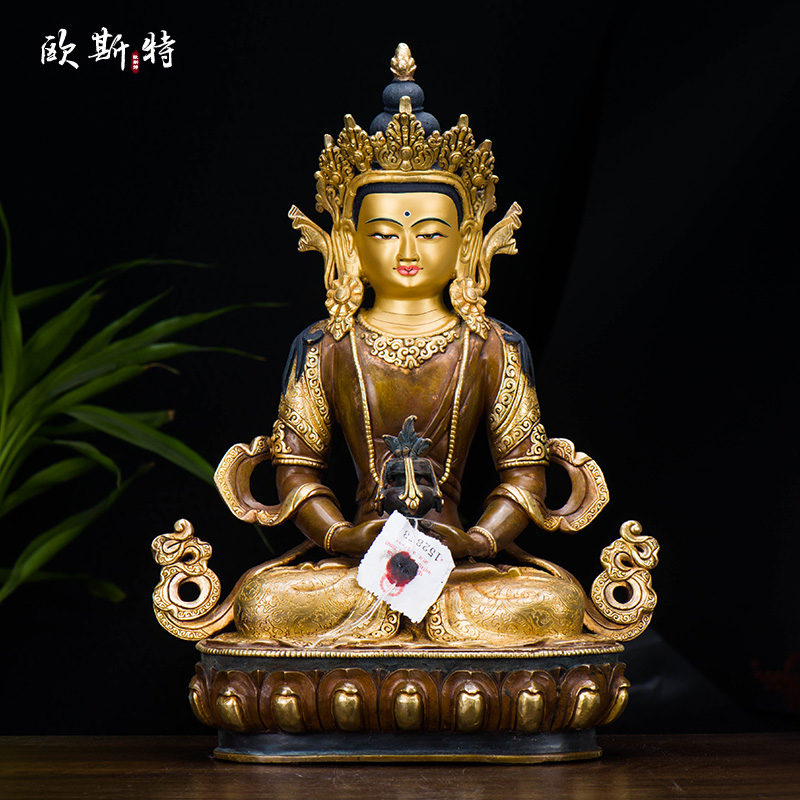 尼泊尔手工10寸紫铜镀金雕花《常寿G佛铜像》西藏家居用品客厅摆