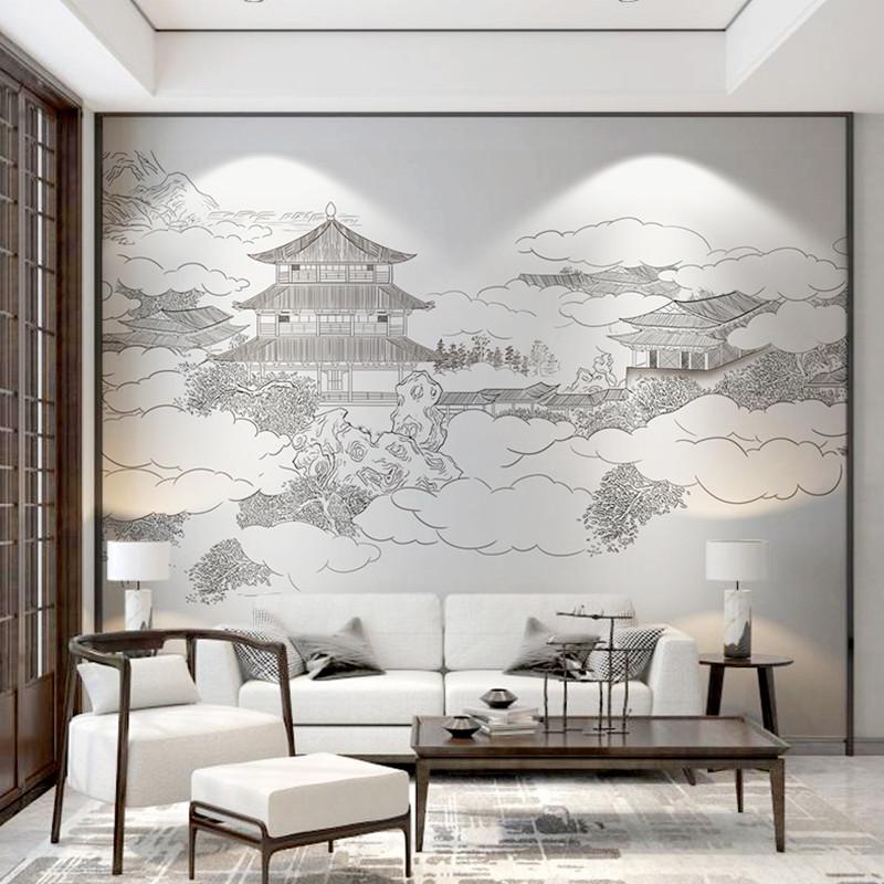 现代新中式d山水楼阁壁布雅致意境线条墙布客厅沙发背景墙纸茶壁
