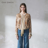 GUO JINGYI2026春夏复古潮流卡其金丝波伊姆宽松长袖 花边外套女士