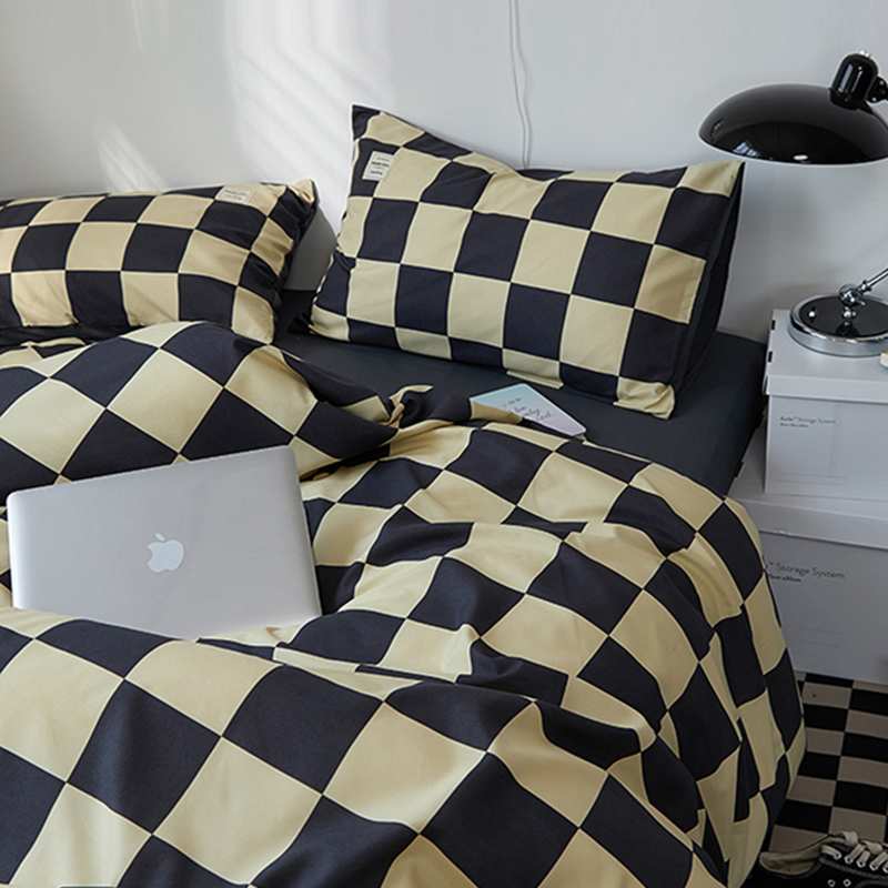 简约风棋盘格被套四件套床上用品单人宿I舍床单床笠款水洗棉三件