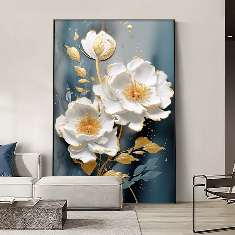 花开富贵北欧客厅装饰画牡丹花沙发背景墙挂画现代V简约大幅落地图片