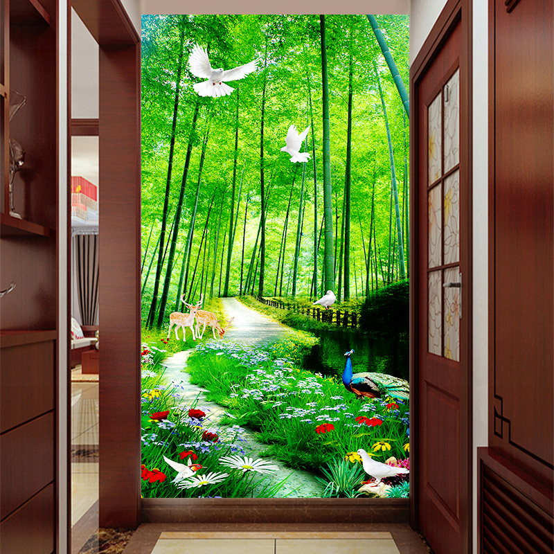 竹林风景定制3D玄关p装饰画墙贴走廊过道卧室玻璃门贴墙纸自粘壁图片