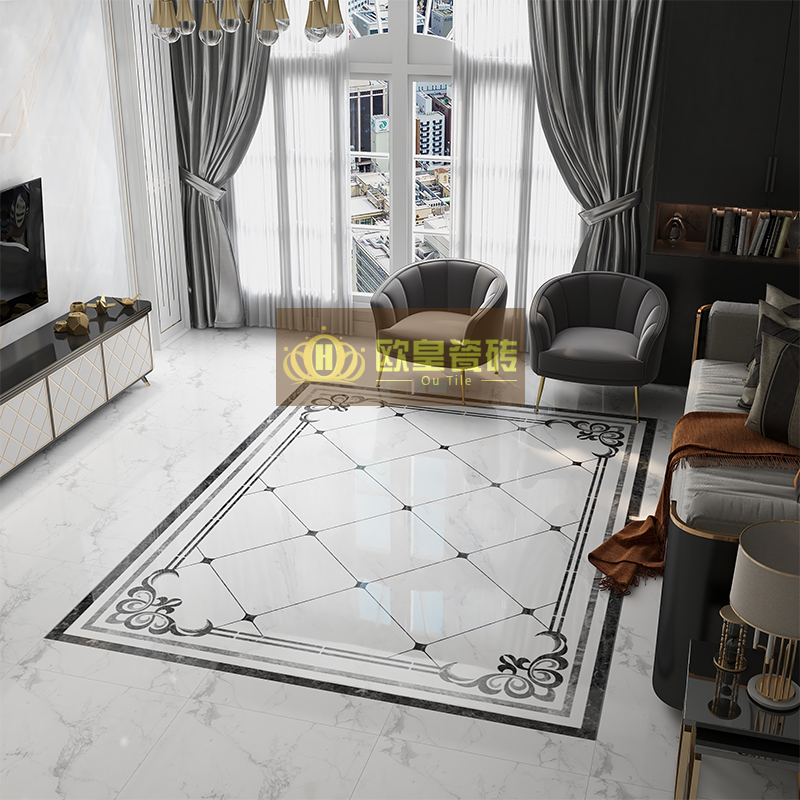 简约大气客厅拼g花地砖800x800白灰色别墅入户玄关大理石造型瓷砖