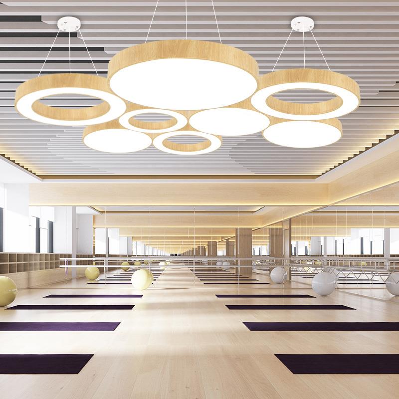 LED木纹吊灯办公室健身房咖啡店圆环灯创意工业风圆形环形吊灯