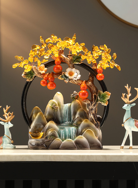 山水摆件葫芦发财树轻奢高档中式客厅入门玄关电R视柜办公室桌装