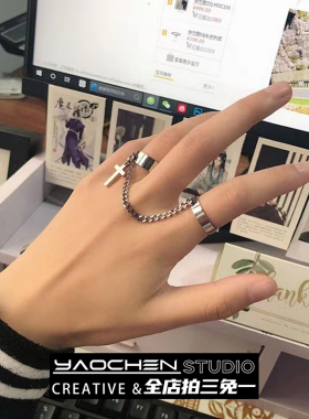 双戒指一体式链条开口可调节钛钢不掉H色蹦迪嘻哈男女气质复古潮