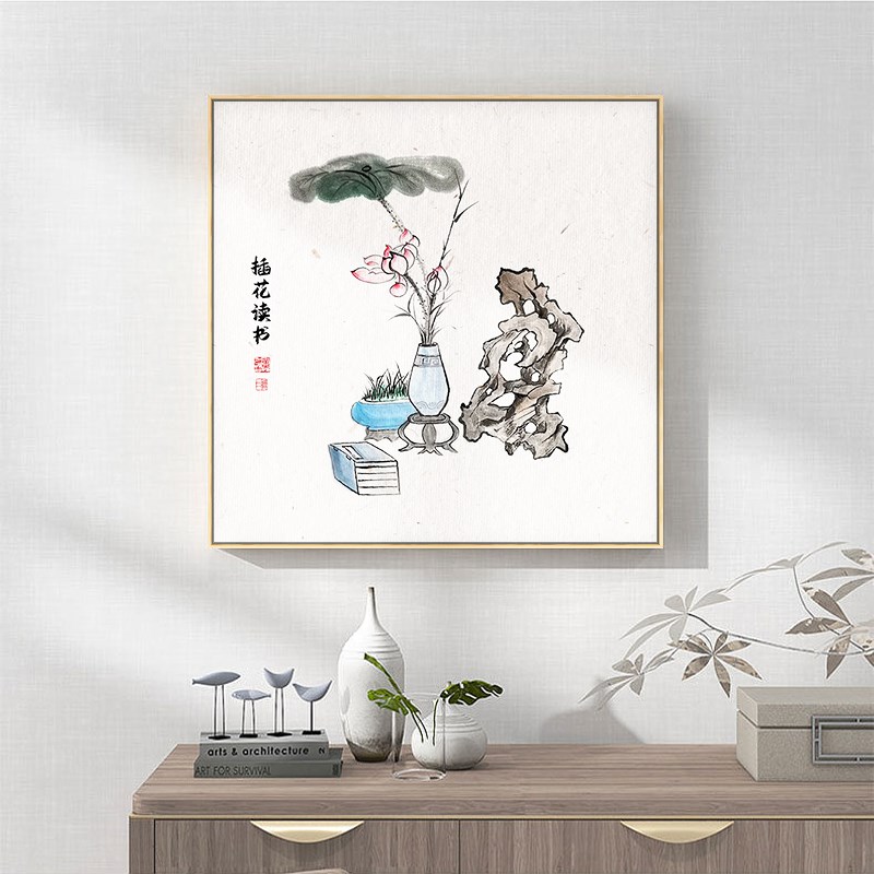 玄关装饰画新中h式禅意荷花装饰画客厅背景墙壁挂画走廊正方形国图片