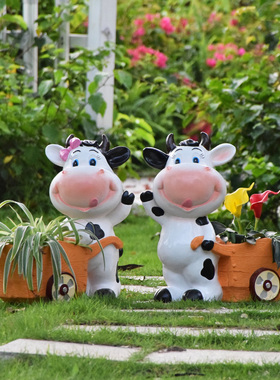 花园庭院小院装饰摆件户外动物花盆卡通奶牛花缸S幼儿园林景观布