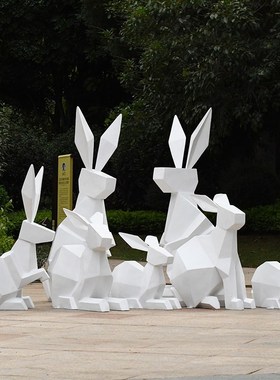 几何兔子雕塑抽h象块面动物玻璃钢园林景观装饰品花园商场美陈摆