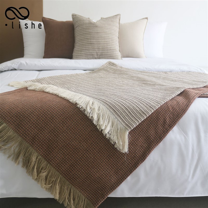 中古风床尾巾民宿床毯砖红u色床尾毯酒店床旗覆古风沙发毯条纹毯