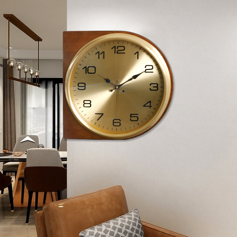 客厅拐角双面挂钟家用时尚时钟挂墙黄铜实木N静音钟表石英钟免打