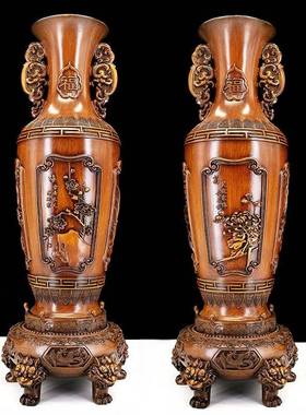 梅兰竹菊木雕花瓶摆件一对酒店玄关别墅客厅电视柜酒柜落地装饰品