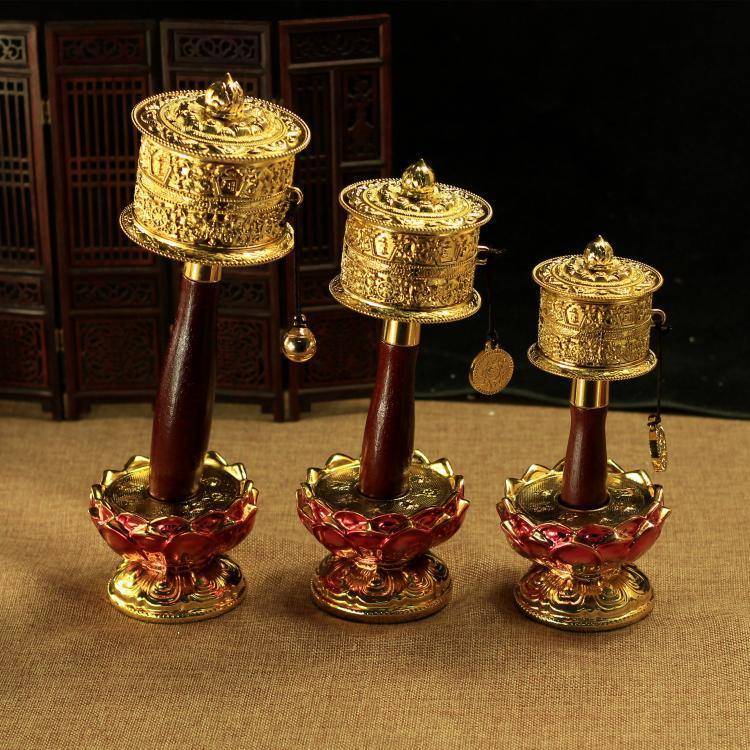 藏传用品 密宗法器合金镀金掐丝雕花八吉祥 手摇转经轮10万遍