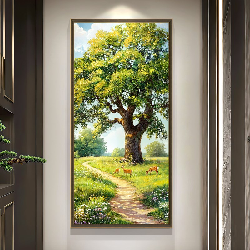 大树风景纯手绘油画现代轻奢玄关装饰画福鹿美式走廊过道竖版挂画图片