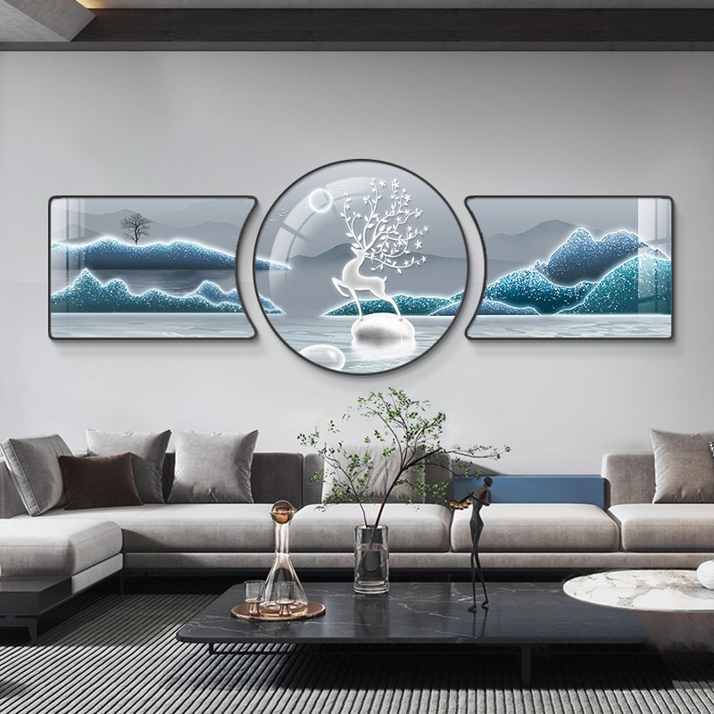 现代大气福鹿客厅装饰画沙发背景墙挂画轻奢蓝色高级感山水三联画图片