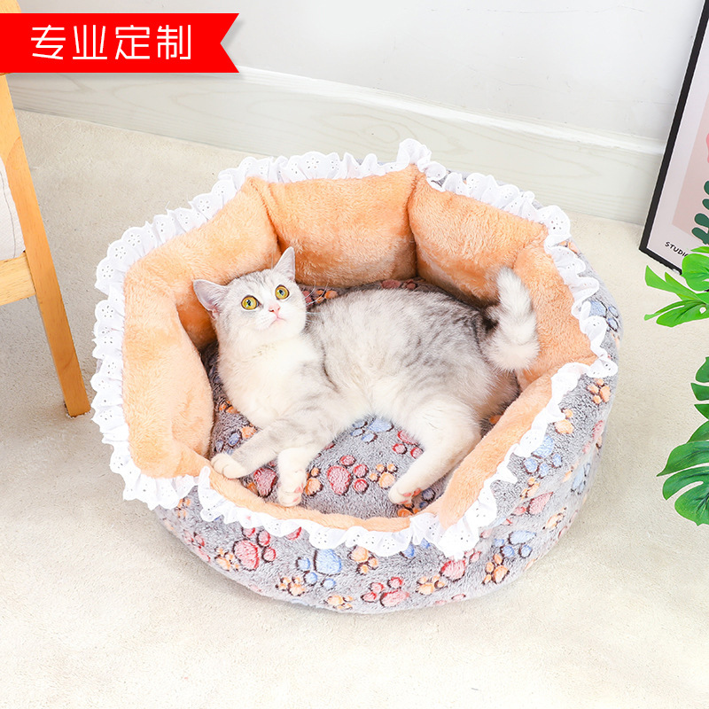 猫窝法兰绒蕾丝花边宠物窝柔软舒适狗窝甜美时尚猫床狗床厂家