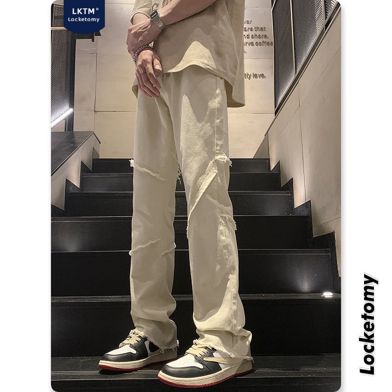 LKTM男装#美式高街vibe白色牛仔裤男感ins痞帅修身毛边微喇裤